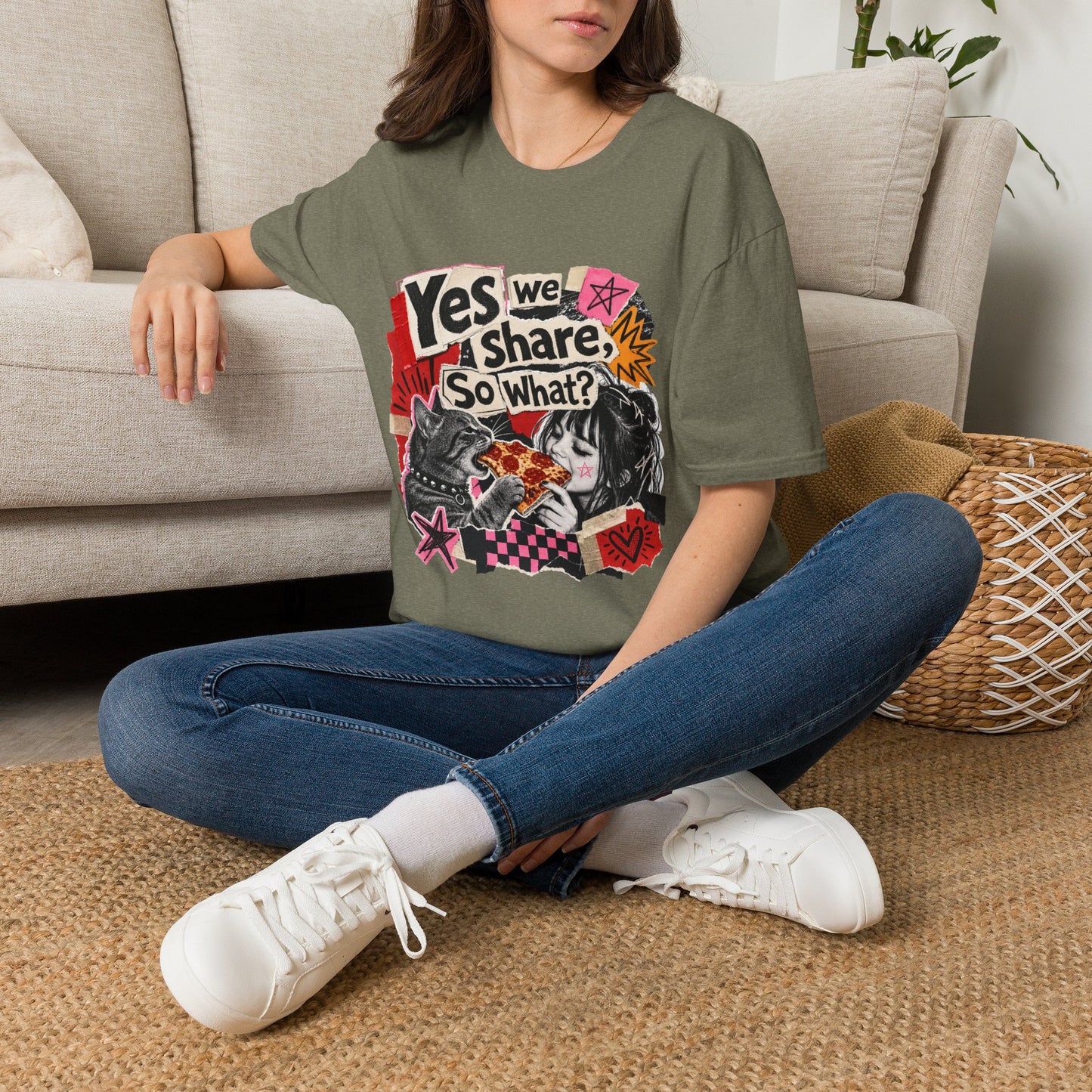 T-Shirt — "Yes We Share, So What?" Retro Collage Graphic Tee