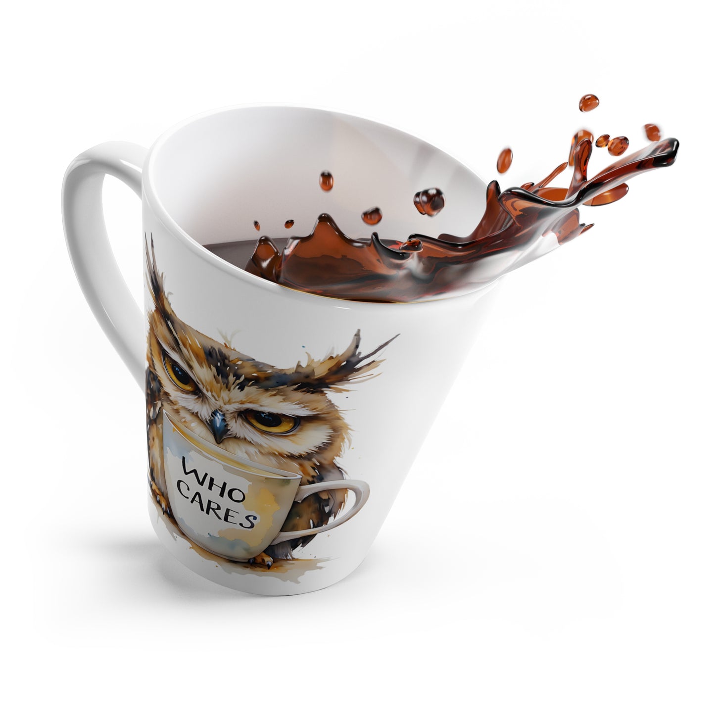 Grumpy Owl with 'Who Cares' Latte Mug | Whimsical Coffee Cup