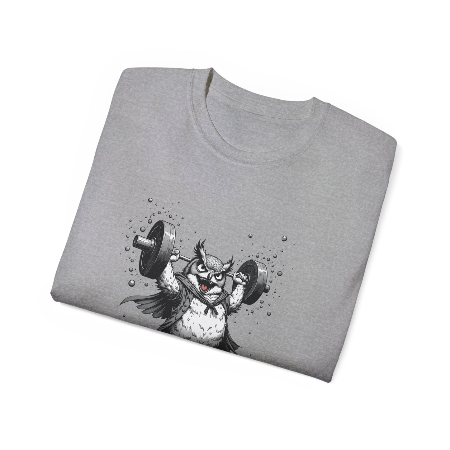 Weightlifting Owl Graphic Tee — "Morning Power" Fitness T-Shirt