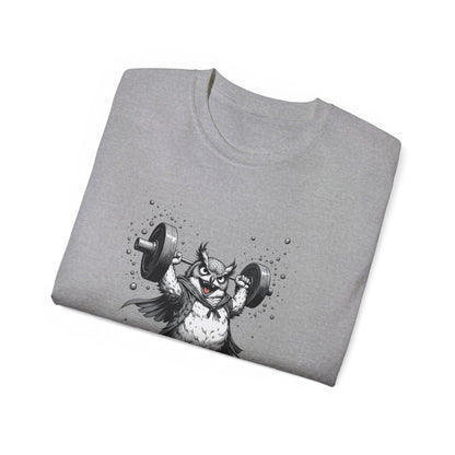 Weightlifting Owl Graphic Tee — "Morning Power" Fitness T-Shirt