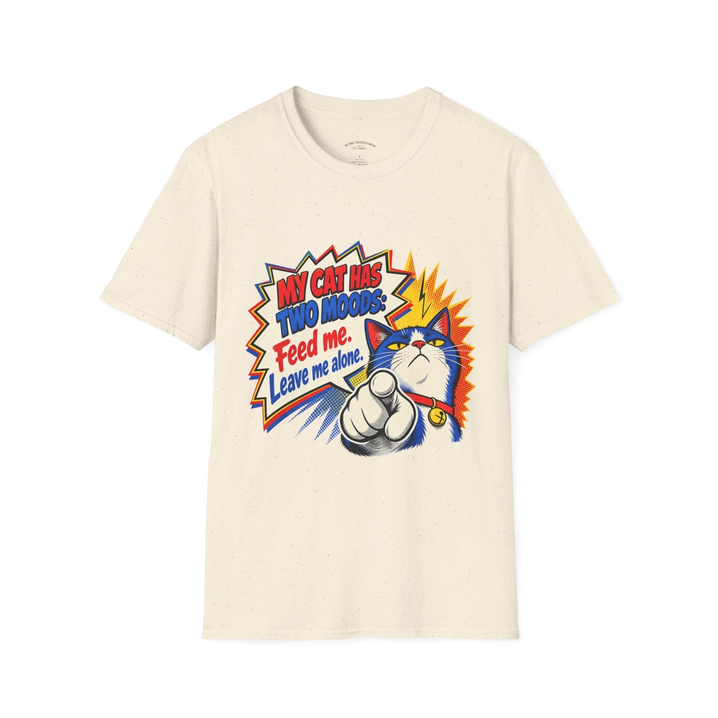 Cat T-Shirt — "My Cat Has Two Moods: Feed Me, Leave Me Alone" Funny Retro Comic Tee