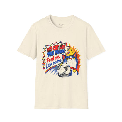 Cat T-Shirt — "My Cat Has Two Moods: Feed Me, Leave Me Alone" Funny Retro Comic Tee
