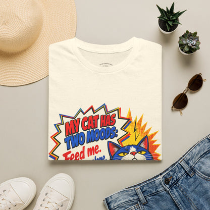 Cat T-Shirt — "My Cat Has Two Moods: Feed Me, Leave Me Alone" Funny Retro Comic Tee