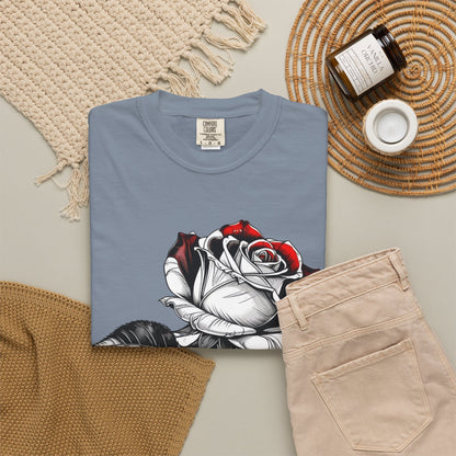 Rose Sketch T-Shirt — Black & Red Botanical Graphic Tee