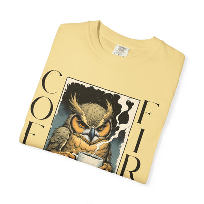 Coffee First Owl T-Shirt — Vintage Owl Holding  Graphic Tee