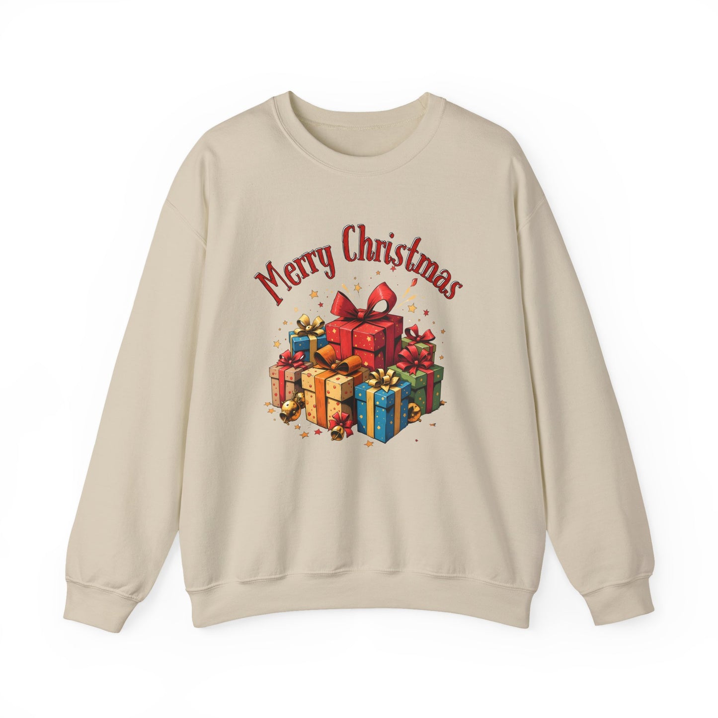 Christmas Crewneck Sweatshirt — "Merry Christmas" with Festive Gift Pile
