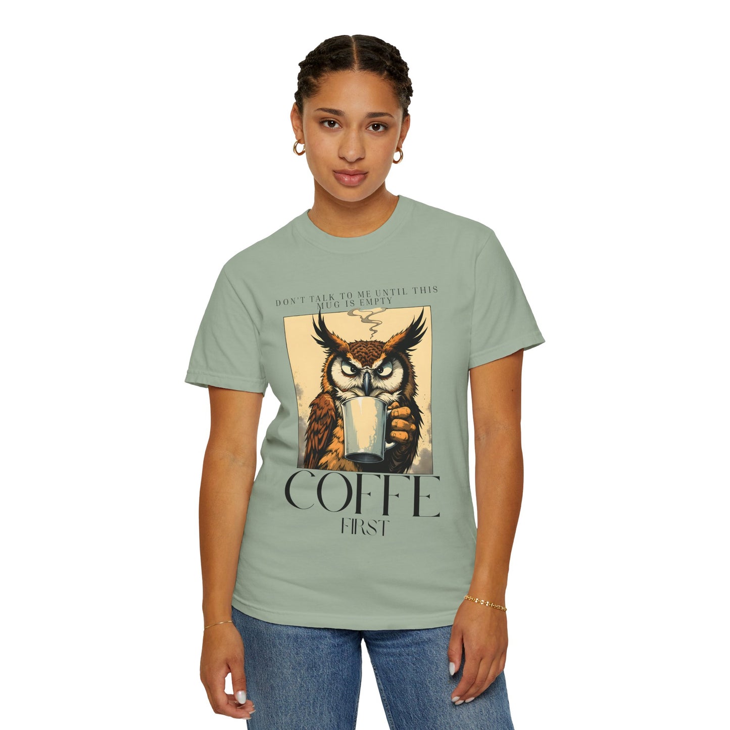 Coffee First Owl T-Shirt — Vintage Coffee Lover Graphic Tee