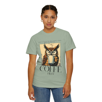 Coffee First Owl T-Shirt — Vintage Coffee Lover Graphic Tee