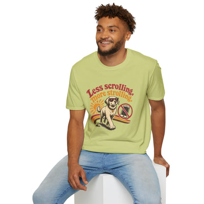 Less Scrolling More Strolling T-Shirt — Retro Dog Walk Graphic Tee