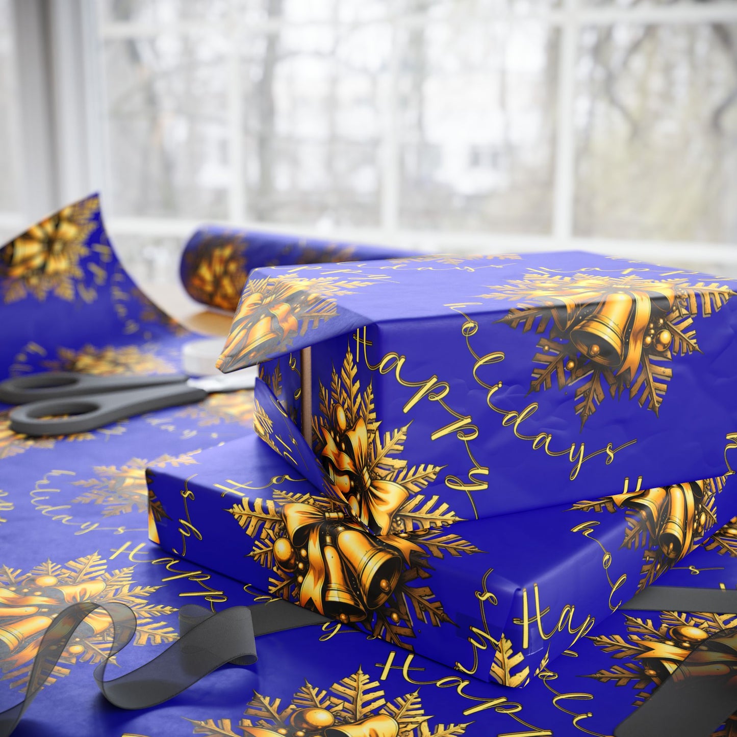 Royal Blue & Gold Holiday Wrapping Paper Roll — Elegant Floral Wreath Pattern