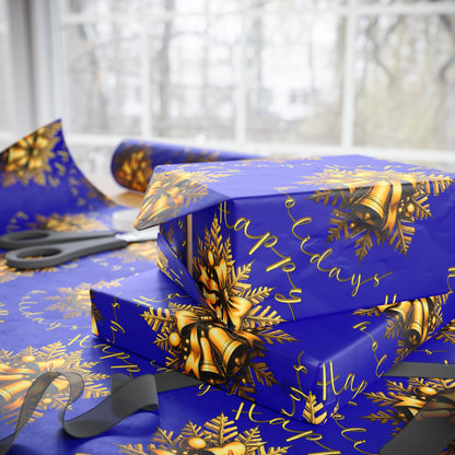 Royal Blue & Gold Holiday Wrapping Paper Roll — Elegant Floral Wreath Pattern