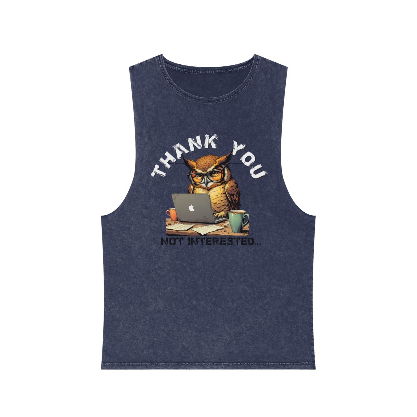 Thank You, Not Interested Tank Top — Funny Owl Laptop Graphic Stonewash Tank