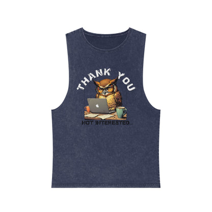 Thank You, Not Interested Tank Top — Funny Owl Laptop Graphic Stonewash Tank