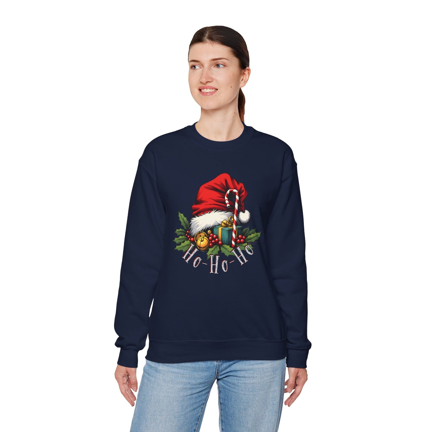 Christmas Sweatshirt - 'Ho-Ho-Ho' Santa Hat & Holly Holiday Crewneck