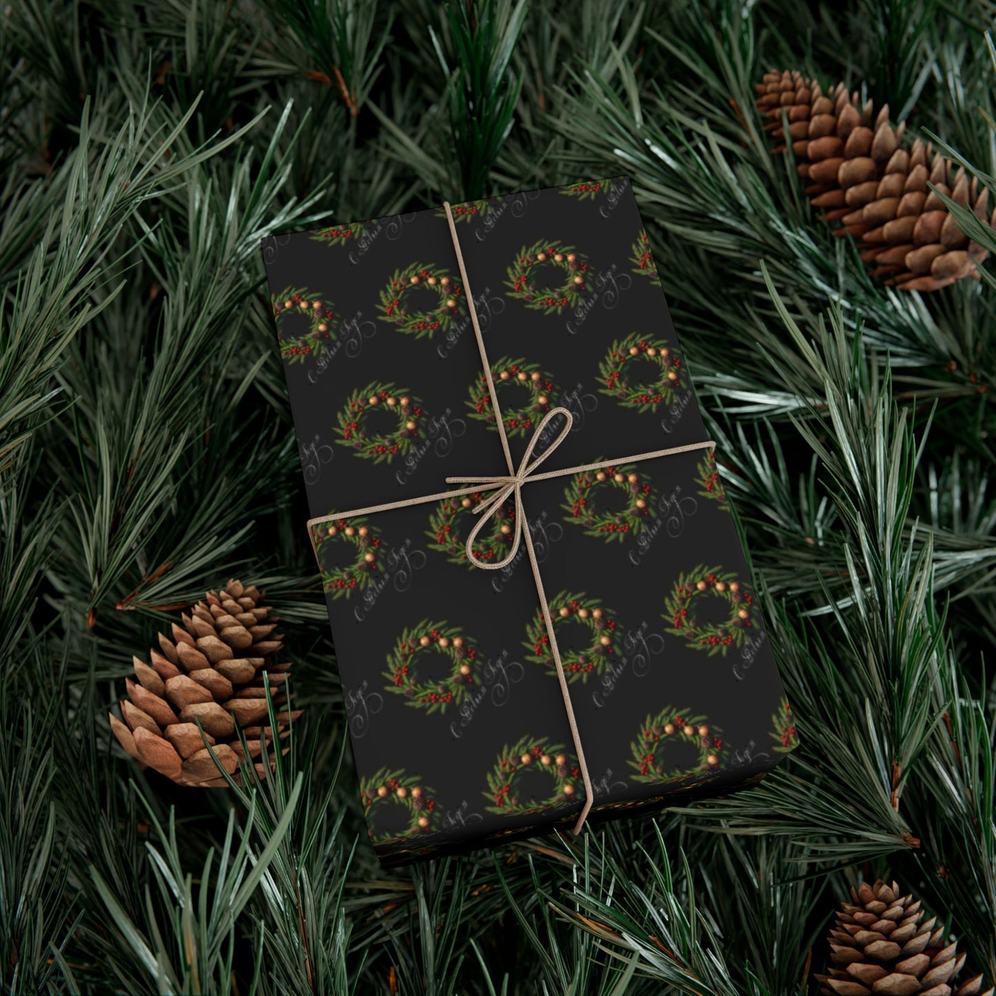 Wreath Pattern Gift Wrap Paper – Black & Gold Holiday Wrapping Sheets