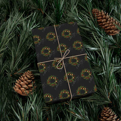 Wreath Pattern Gift Wrap Paper – Black & Gold Holiday Wrapping Sheets