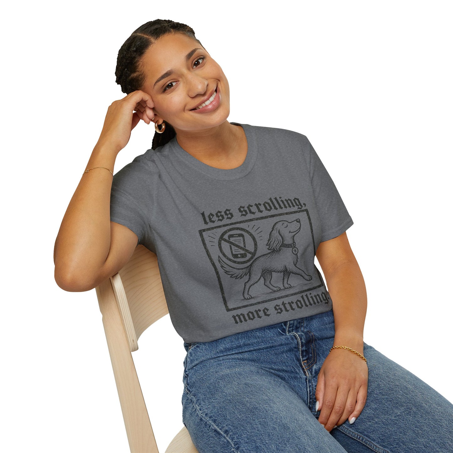 T-Shirt — "Less Scrolling, More Strolling" Dog Graphic Tee