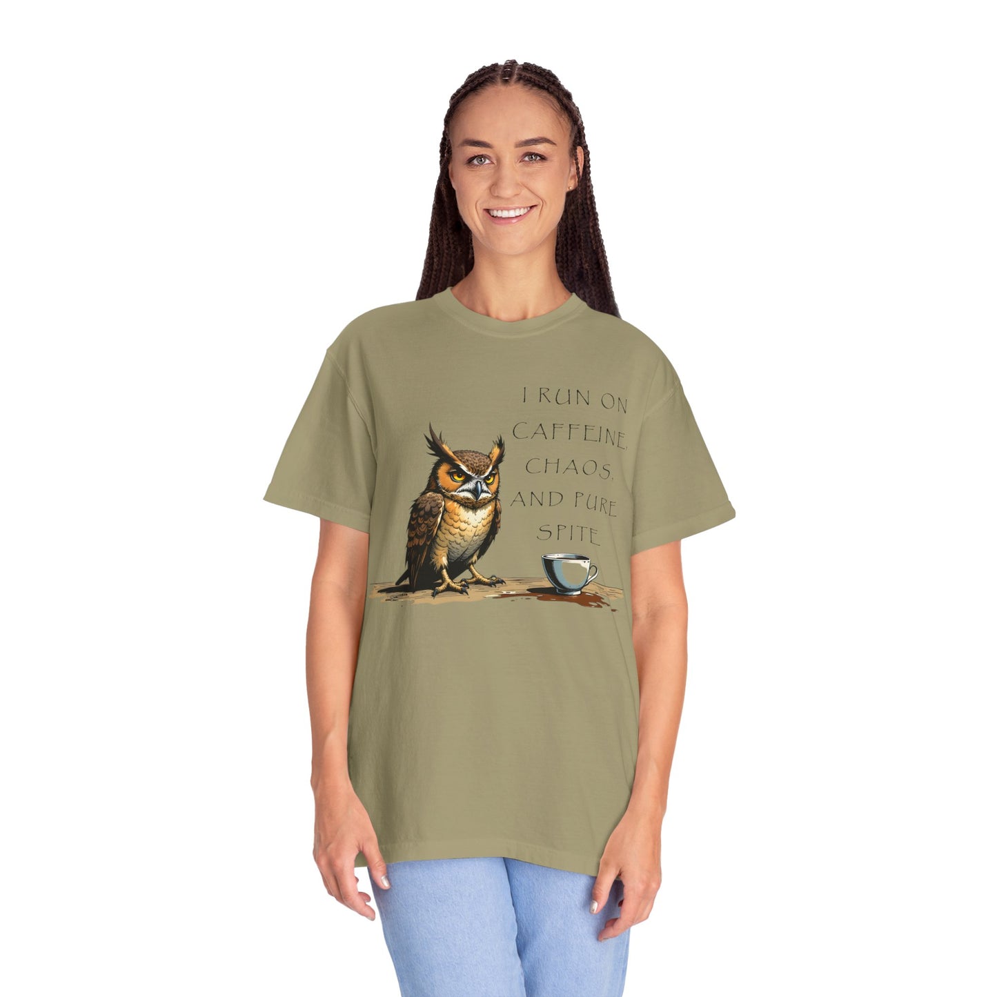 Owl & Coffee T‑Shirt — "I Run On Caffeine, Chaos, And Pure Spite" Graphic Tee
