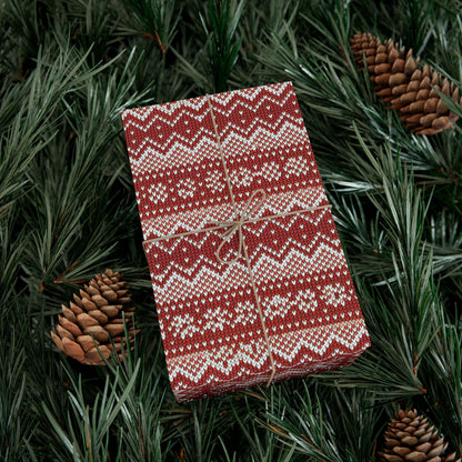 Holiday Knit-Pattern Gift Wrap Paper — Red Nordic Christmas Wrapping Sheets