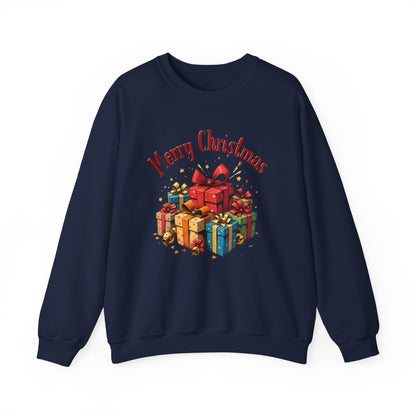 Christmas Crewneck Sweatshirt — "Merry Christmas" with Festive Gift Pile