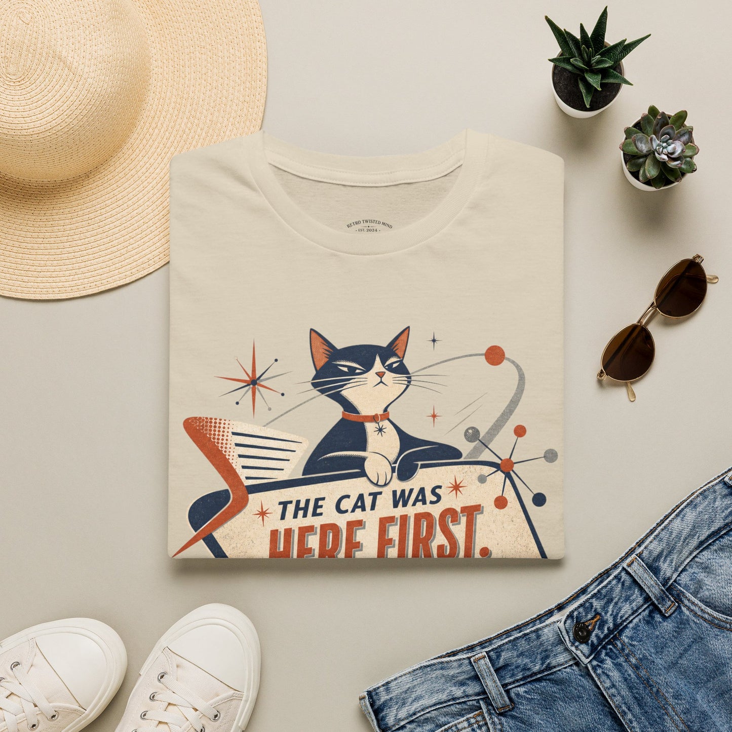 Cat Was Here First T-Shirt — Retro Mid-Century Kitty "You’re Just Visiting" Tee