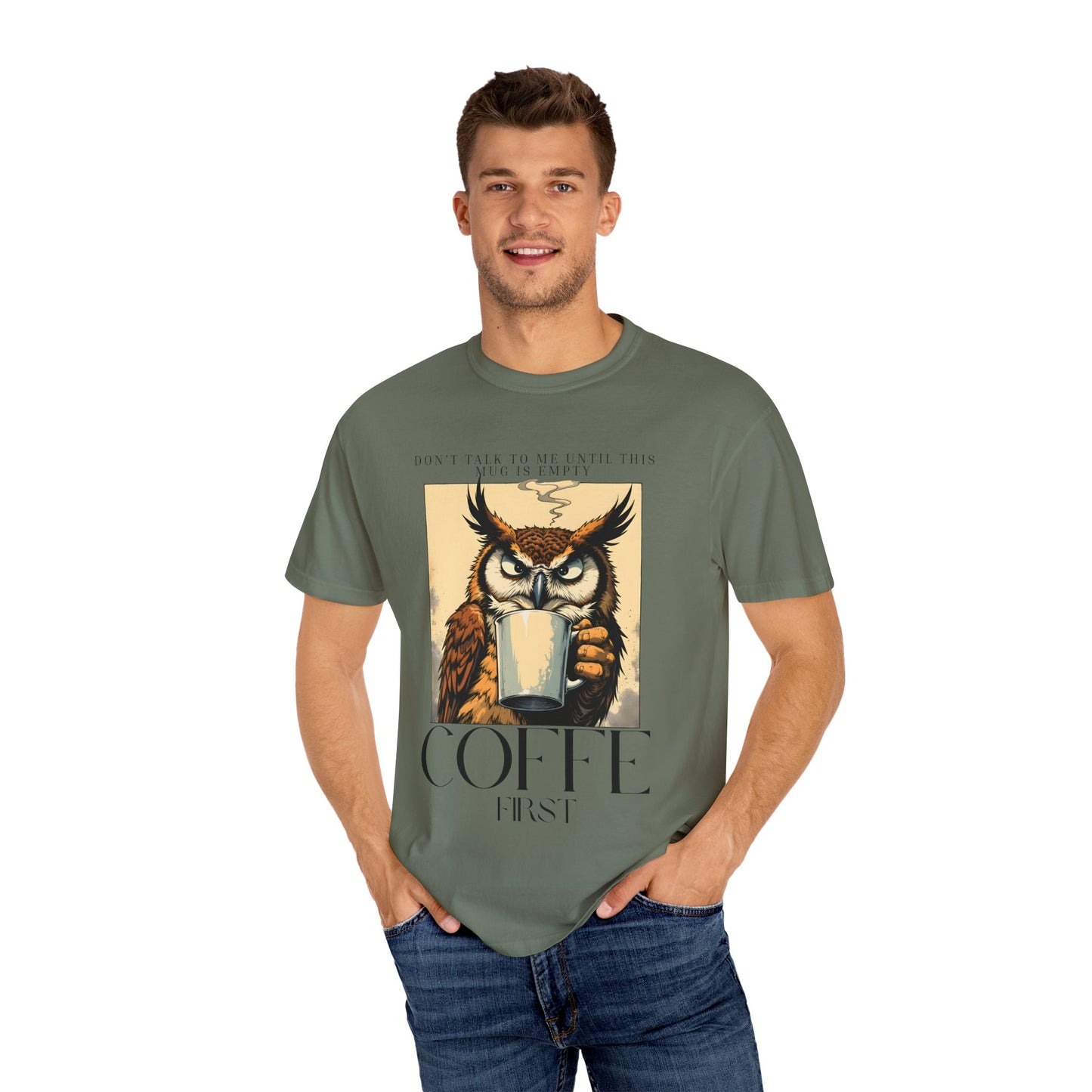 Coffee First Owl T-Shirt — Vintage Coffee Lover Graphic Tee