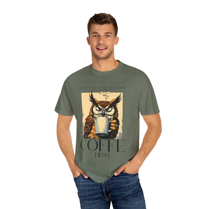 Coffee First Owl T-Shirt — Vintage Coffee Lover Graphic Tee