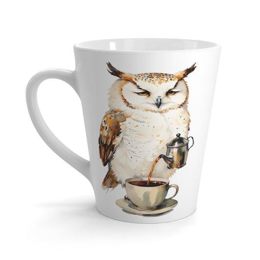 Latte Mug — Owl Pouring Coffee with Script Quote | Cute Coffee Lover Gift