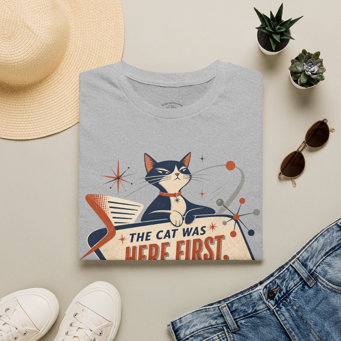 Cat Was Here First T-Shirt — Retro Mid-Century Kitty "You’re Just Visiting" Tee