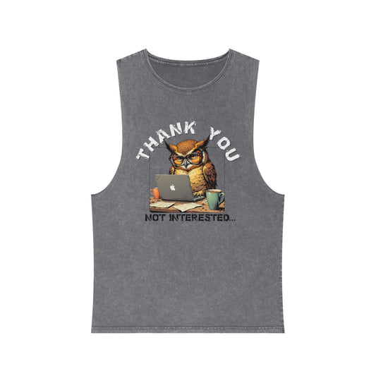 Thank You, Not Interested Tank Top — Funny Owl Laptop Graphic Stonewash Tank