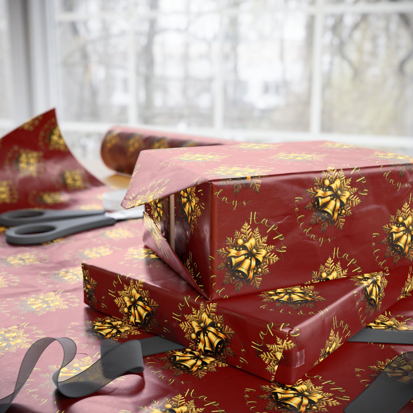 Wrapping Paper Roll — Red & Gold Leaf Pattern Holiday Gift Wrap