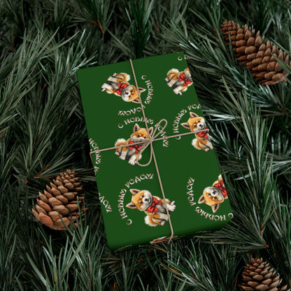 Christmas Corgi Gift Wrap Paper – Green Holiday Wrapping Sheets with Cute Dog Pattern
