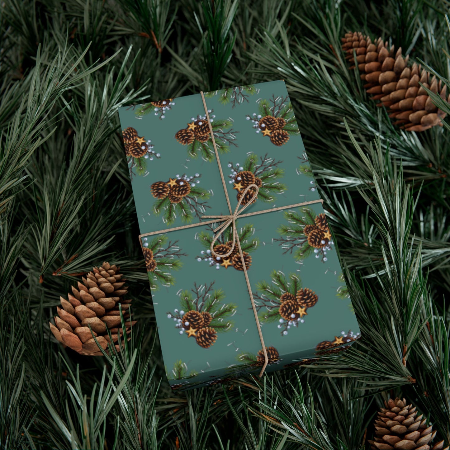 Pinecone & Evergreen Gift Wrap Paper — Holiday Floral Wrapping Sheets