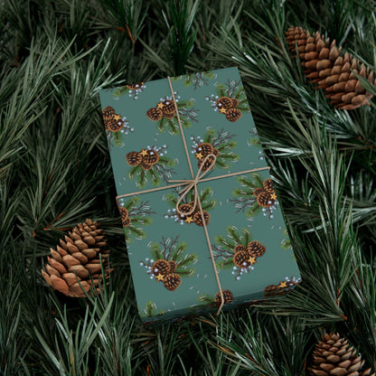 Pinecone & Evergreen Gift Wrap Paper — Holiday Floral Wrapping Sheets