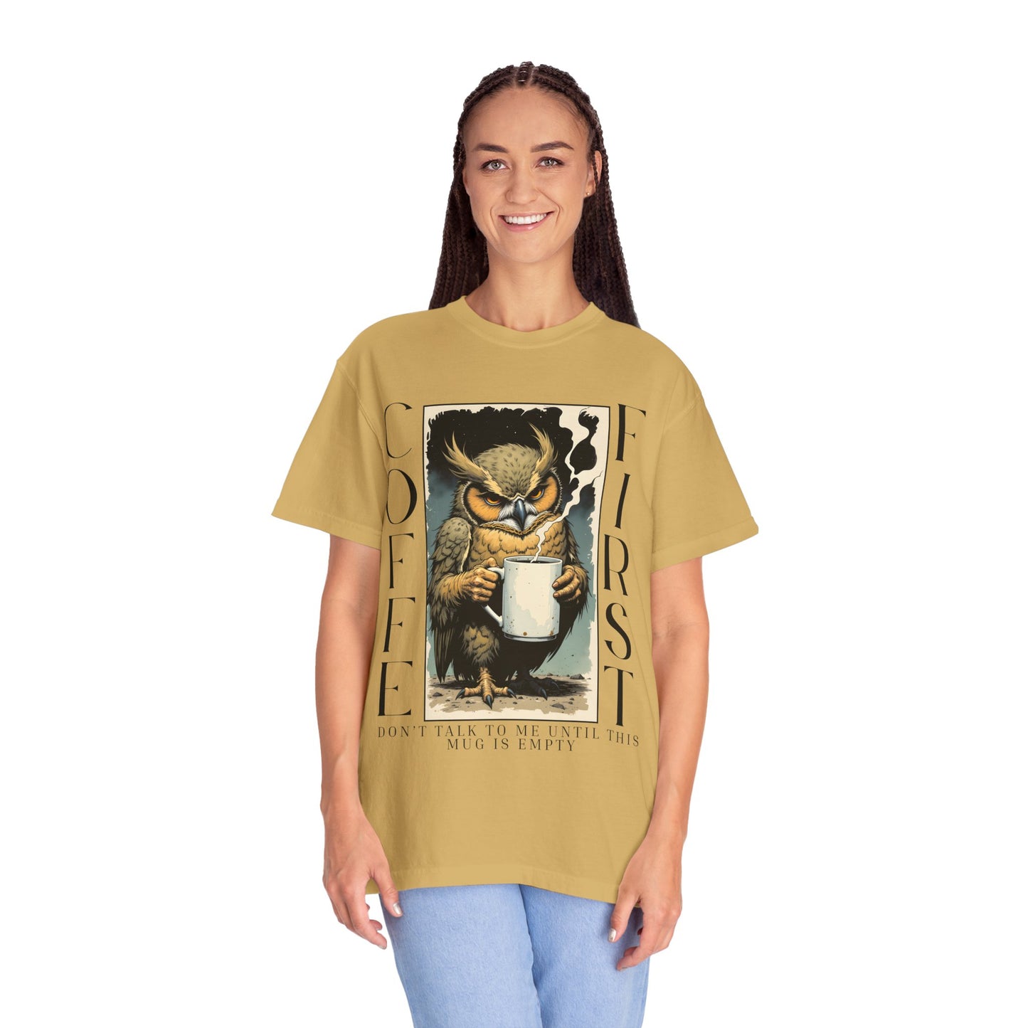 Coffee First Owl T-Shirt — Vintage Owl Holding  Graphic Tee