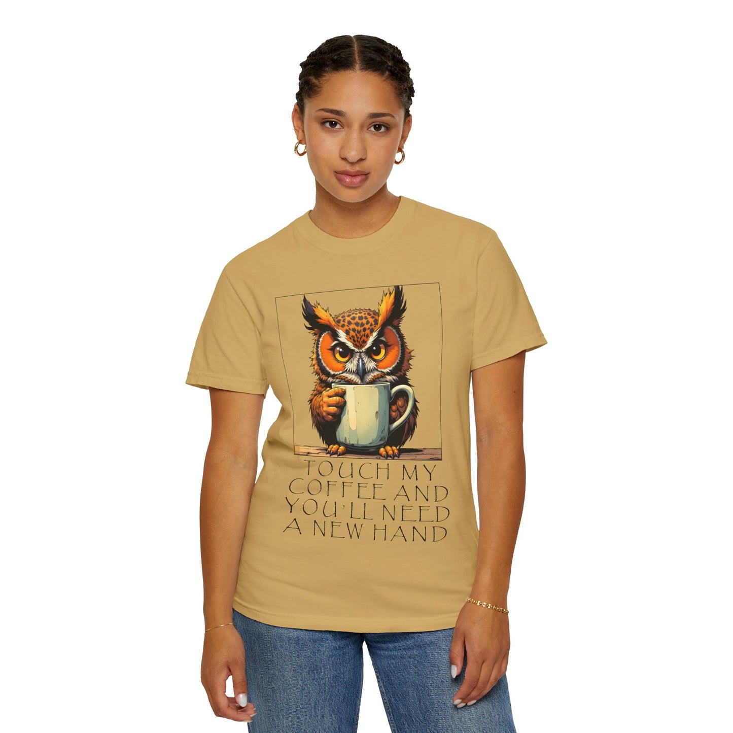 Coffee Owl T‑Shirt - "Touch My Coffee and You'll Need a New Hand" Graphic Tee