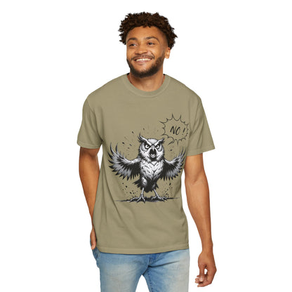 Owl Saying “No” Graphic T-Shirt — Bold Monochrome Illustration
