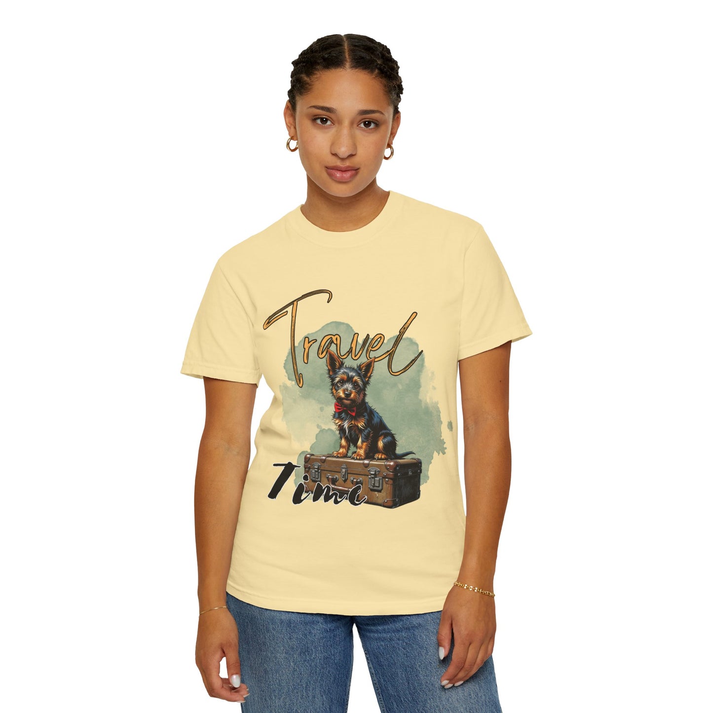 Travel Time Unisex Garment-Dyed T-Shirt with Dog Design