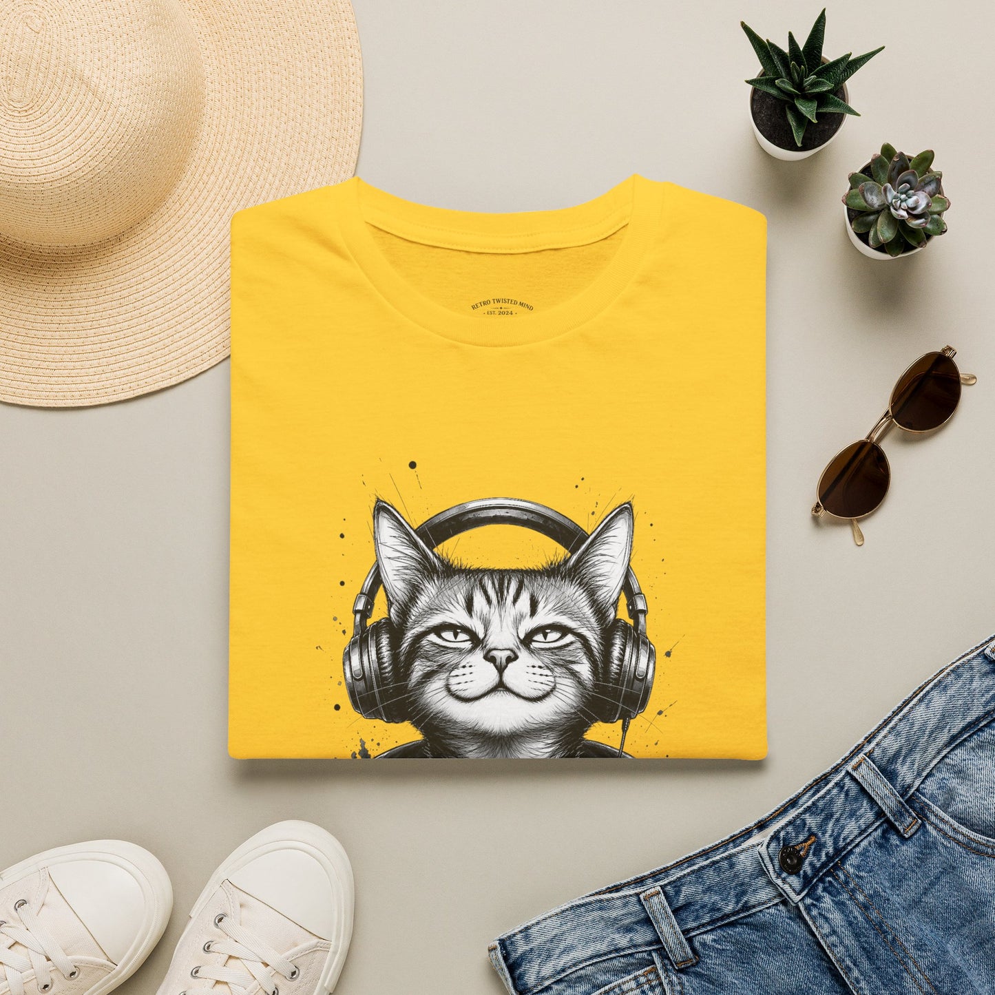 T-Shirt — Cat with Headphones "Mentally: Somewhere Else" – Cute Relaxed Graphic Tee for Cat Lovers
