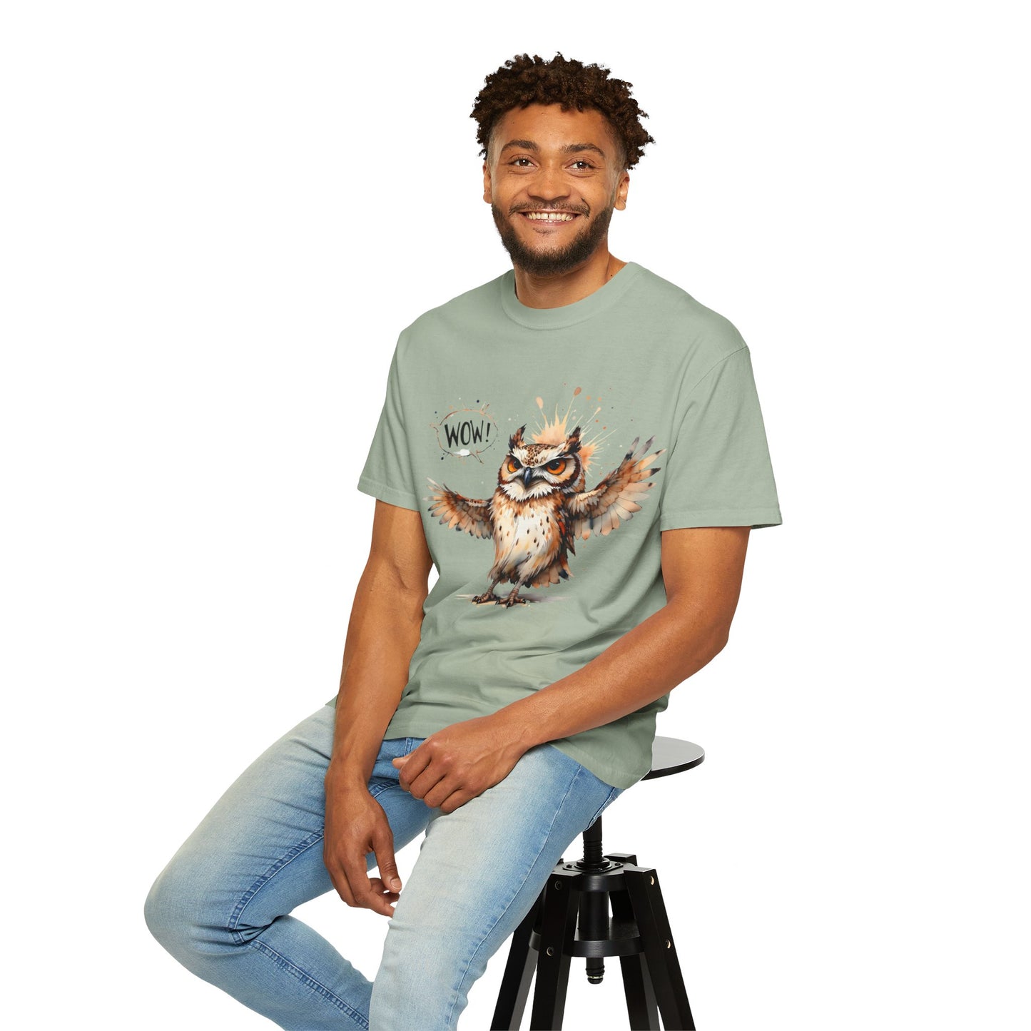 Owl Watercolor T-Shirt — Cute 'Wow!' Cartoon Owl Graphic Tee