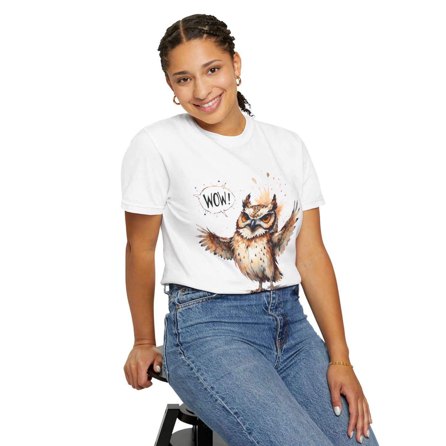 Owl Watercolor T-Shirt — Cute 'Wow!' Cartoon Owl Graphic Tee