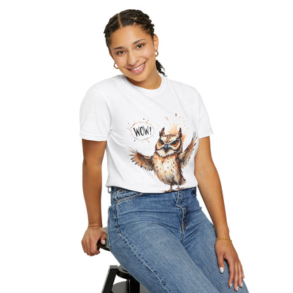 Owl Watercolor T-Shirt — Cute 'Wow!' Cartoon Owl Graphic Tee