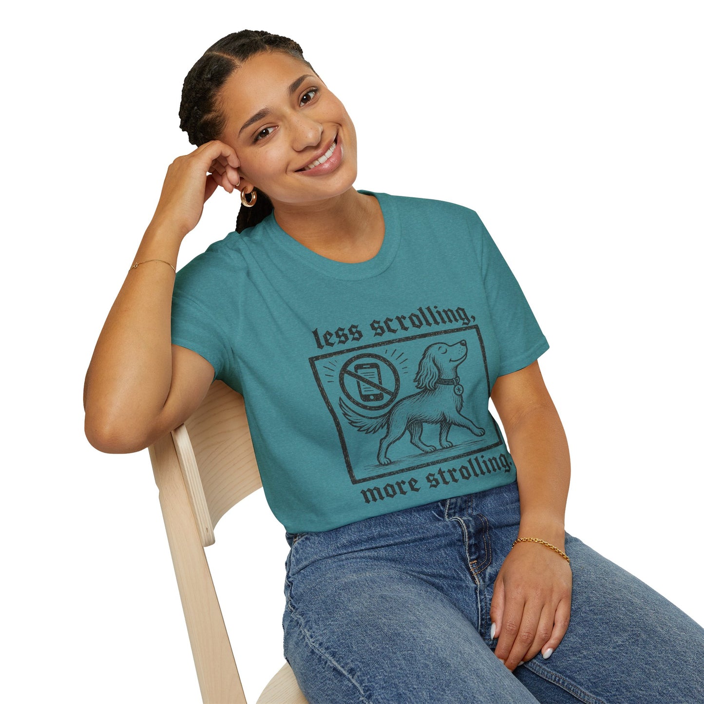 T-Shirt — "Less Scrolling, More Strolling" Dog Graphic Tee