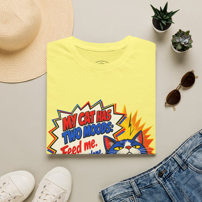 Cat T-Shirt — "My Cat Has Two Moods: Feed Me, Leave Me Alone" Funny Retro Comic Tee