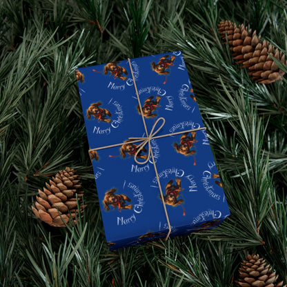 Blue Holiday Wrapping Paper with Reindeer & "Merry Christmas" Pattern