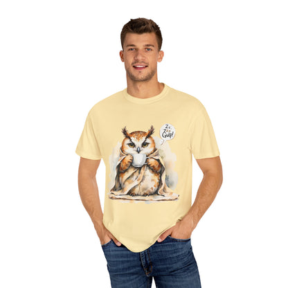 Cozy Owl Drinking Coffee T-Shirt – 'Zzz... Gulp!' Cute Morning Graphic Tee