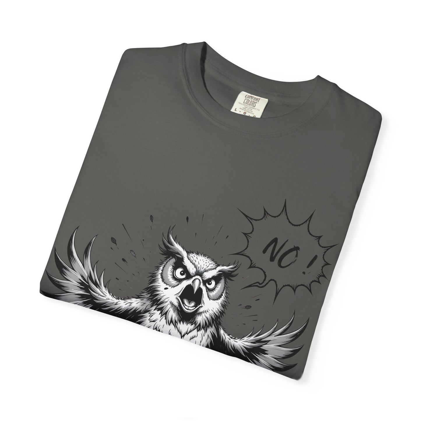 Owl Saying “No” Graphic T-Shirt — Bold Monochrome Illustration