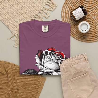Rose Sketch T-Shirt — Black & Red Botanical Graphic Tee