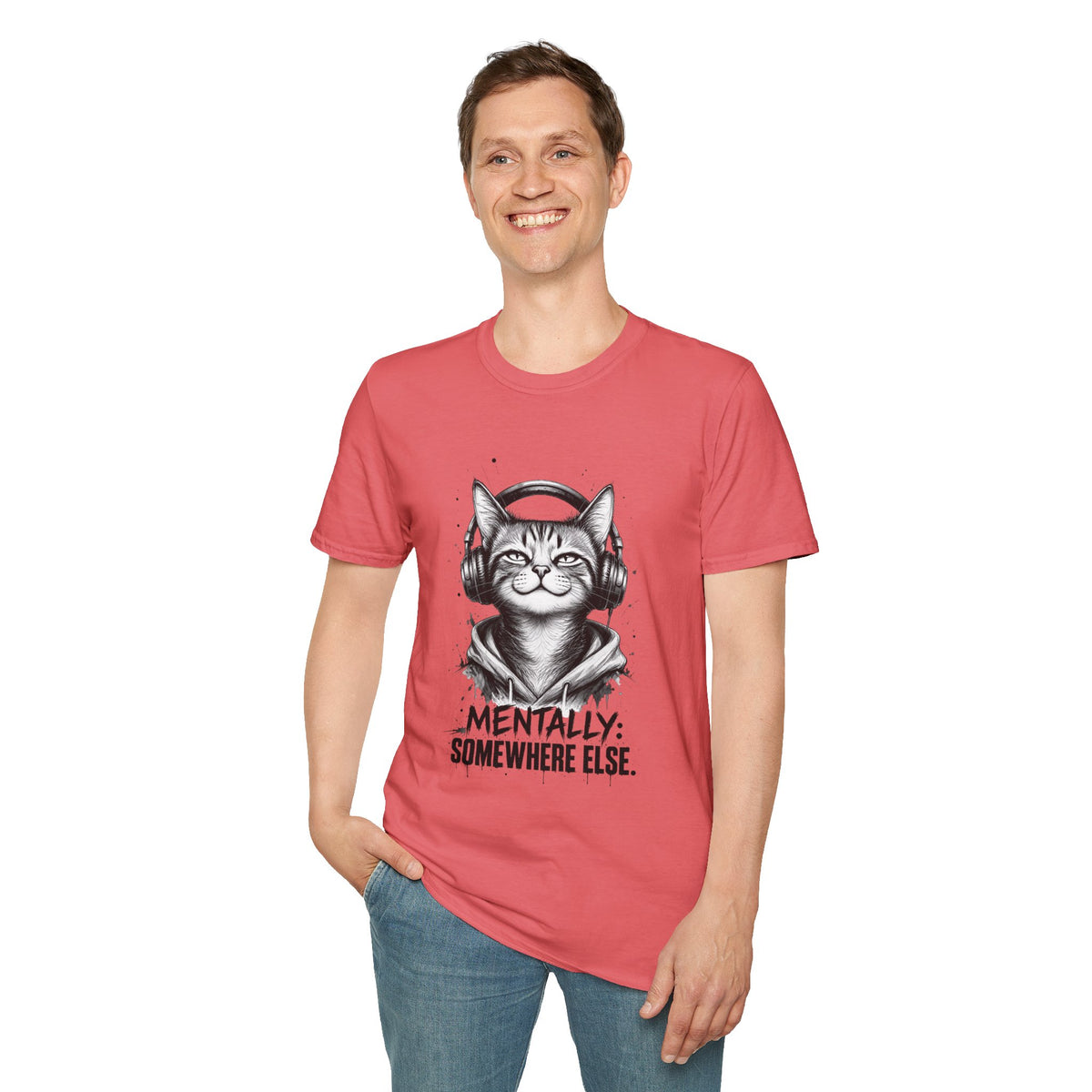 T-Shirt — Cat with Headphones "Mentally: Somewhere Else" – Cute Relaxed Graphic Tee for Cat Lovers