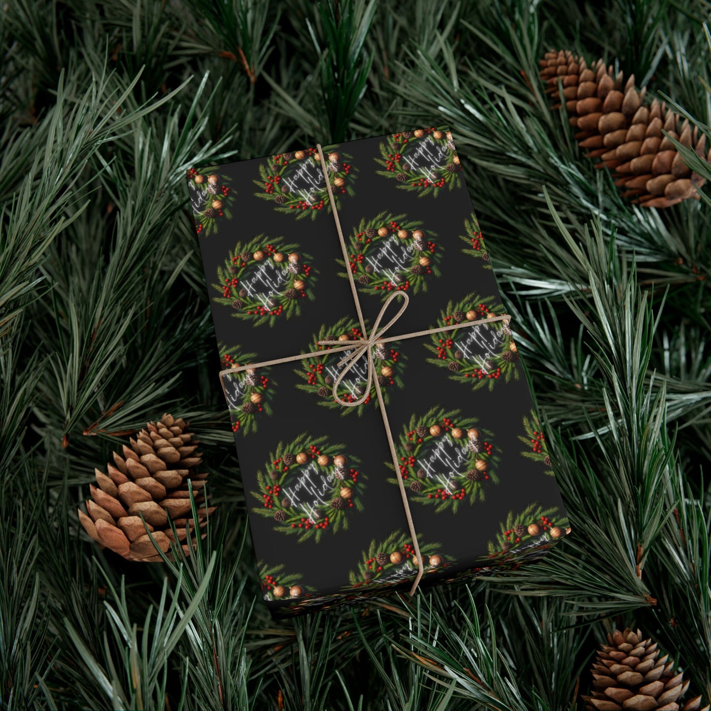 Christmas Wreath Gift Wrap Paper — Dark Holiday Wrapping Paper (Pack)